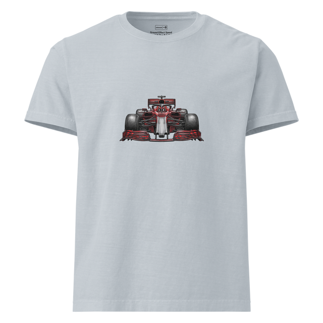 An oversized t-shirt displaying a vibrant ink illustration of a Formula One front wing assembly.
