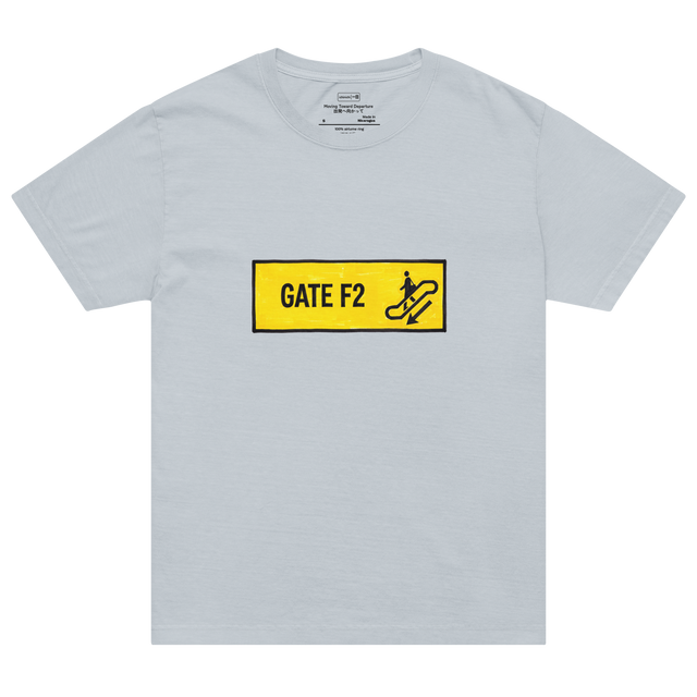Oversized T-Shirt with a yellow marker drawing of a GATE F2 transit sign, a descending escalator silhouette, and a downward arrow.