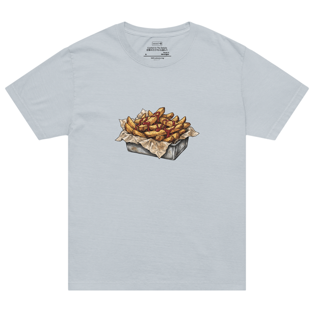 Oversized T-Shirt featuring a cross-hatch ink illustration of thick steak fries with ketchup in a metal tin.