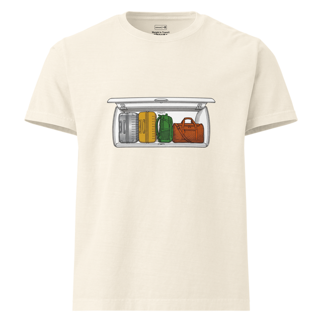 Professional digital illustration of luggage in an overhead bin in cross-hatch ink printed on an Oversized T-Shirt