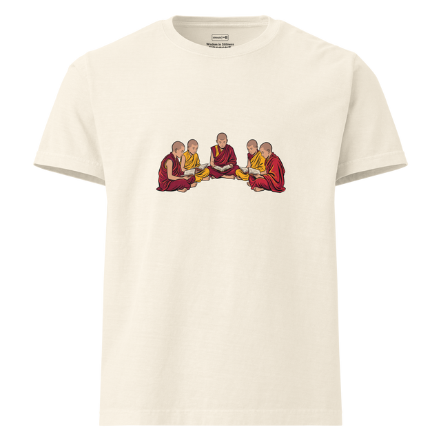 Oversized T-Shirt featuring a clean brushwork graphic of young seated monks reading, defined by heavy red and yellow draped robes.