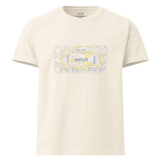 Oversized T-Shirt featuring a colored pencil illustration of a discarded waxy butter wrapper with faded blue lines and yellow smears.