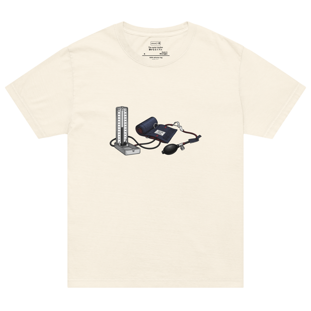 Oversized T-Shirt showing a high-contrast cross-hatch ink drawing of a vintage manual blood pressure machine with red and silver details.