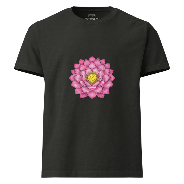 Oversized T-Shirt featuring a top-down view of a pink lotus flower with a yellow center, drawn in a cross-hatch colored pencil style.
