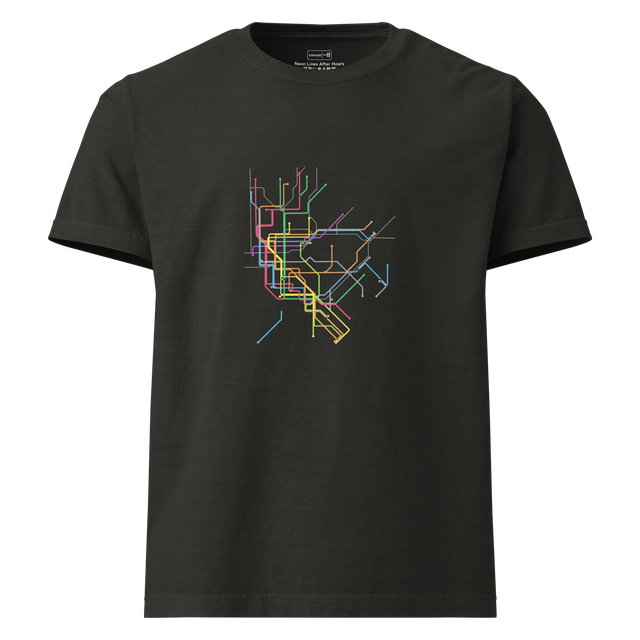 Oversized T-Shirt featuring a bold neon marker illustration of the late-night NYC subway map spanning all boroughs with circular stops.