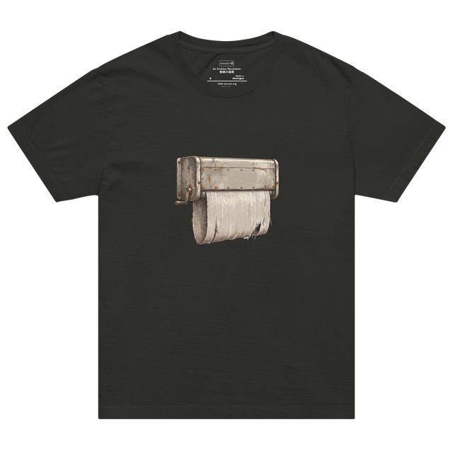 Cross-hatch ink illustration of a rusted vintage continuous cloth towel dispenser with a frayed fabric loop on an Oversized T-Shirt.
