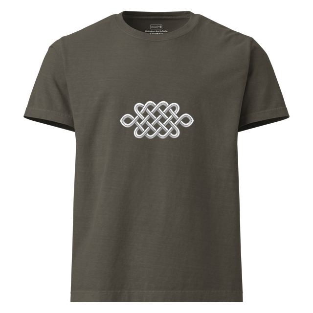 Graphite pencil drawing of an eternal knot on a minimalist oversized t-shirt.
