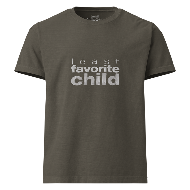 Oversized T-Shirt featuring stacked handwritten ink text reading least favorite child with varying line weights and sizes.
