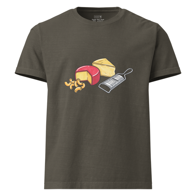 A bold marker illustration of macaroni, Gouda cheese, yellow cheese, and a handheld shredder on an Oversized T-Shirt.