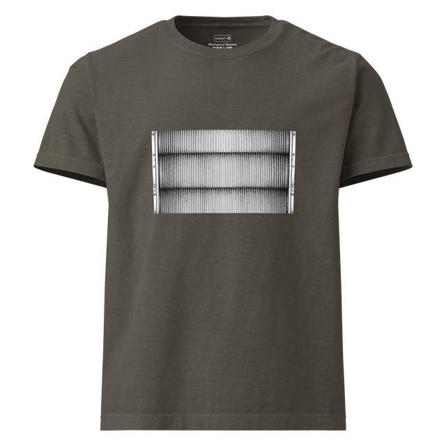 Oversized T-Shirt featuring a gritty, high-contrast stippled illustration of metal escalator steps from above.