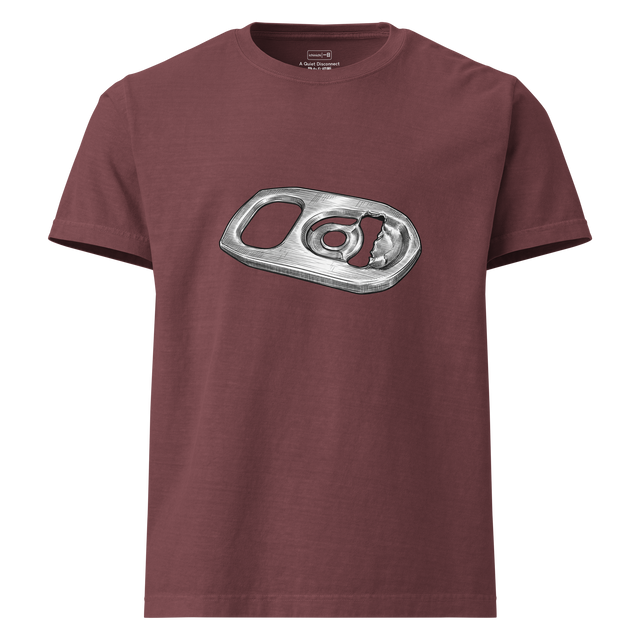 Cross-hatch ink illustration of a metal ring pull on an Oversized T-Shirt, isolated against a solid background.