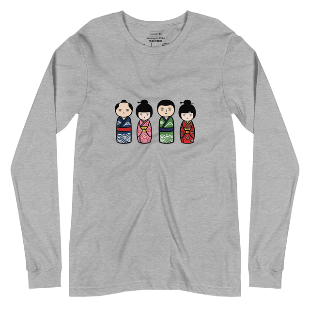 Illustration of four colorful Japanese kokeshi dolls arranged in two pairs on a Long Sleeve T-Shirt.