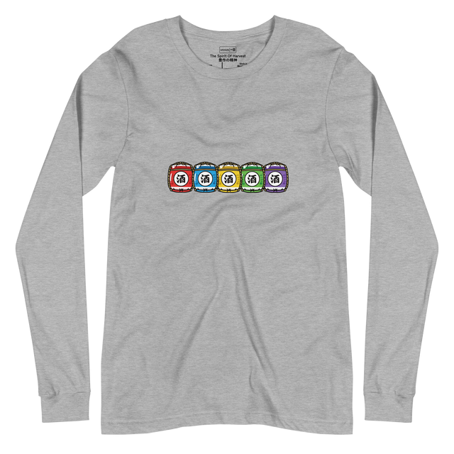 Minimalist row of multi-colored sake barrels illustration on a Long Sleeve T-Shirt.