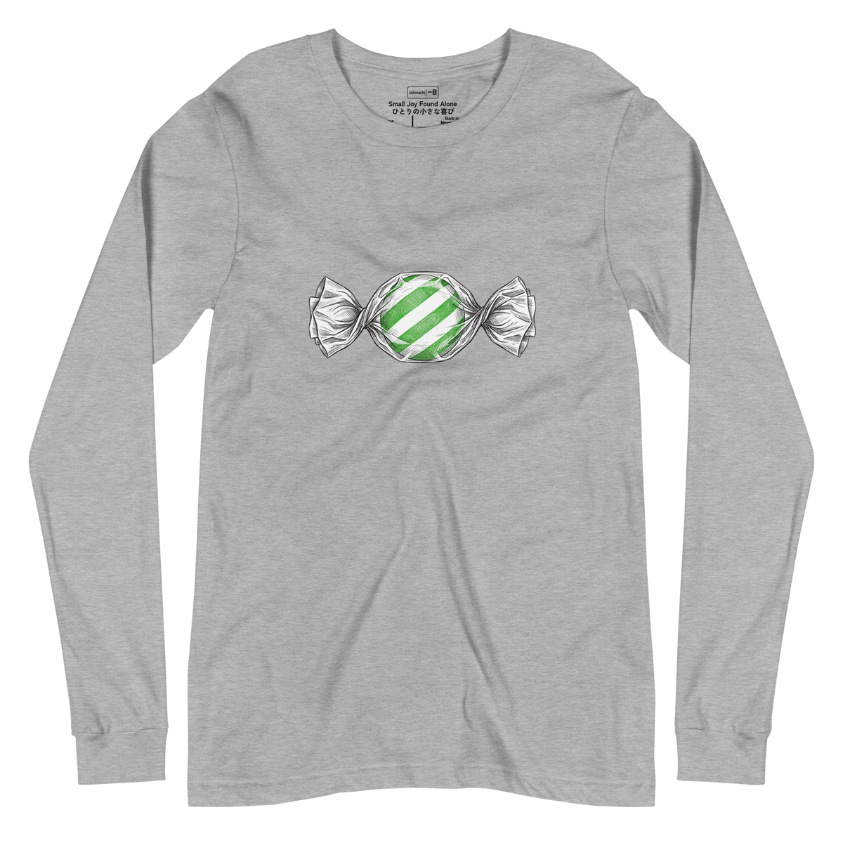 Minimalist vector illustration of a single wrapped hard candy centered on a Long Sleeve T-Shirt.