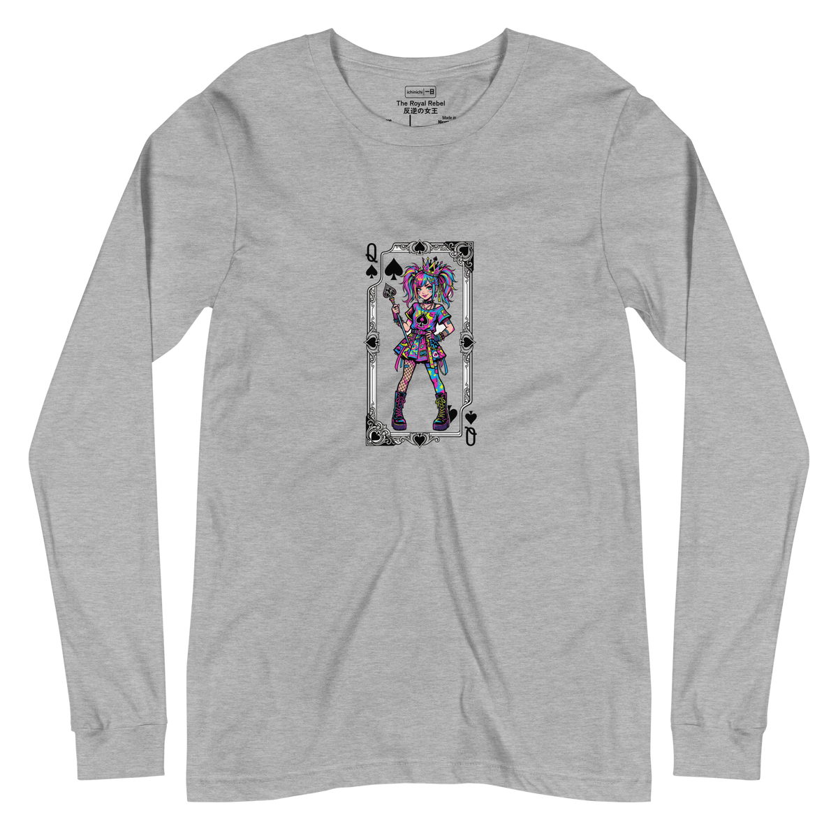 Graphic illustration of a Harajuku girl as the Queen of Spades on a Long Sleeve T-Shirt.