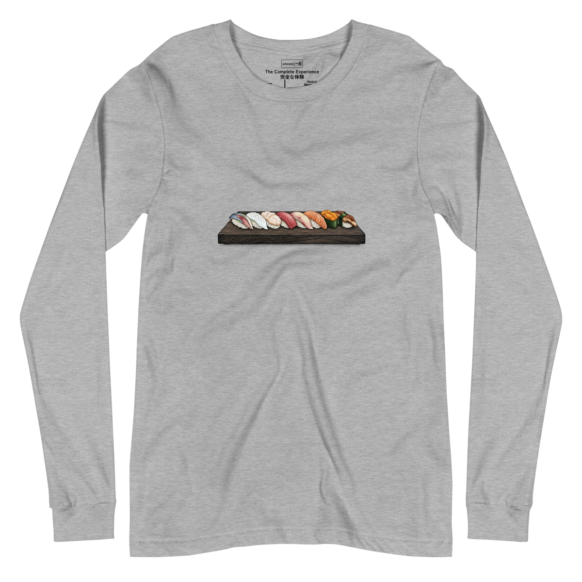 Meticulous stippling art featuring a full eight-piece sushi set on a Long Sleeve T-Shirt.