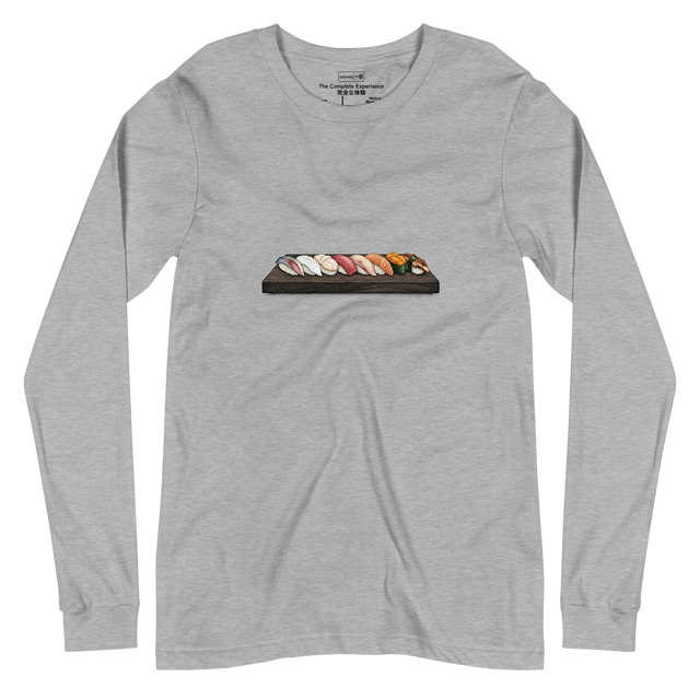 Meticulous stippling art featuring a full eight-piece sushi set on a Long Sleeve T-Shirt.