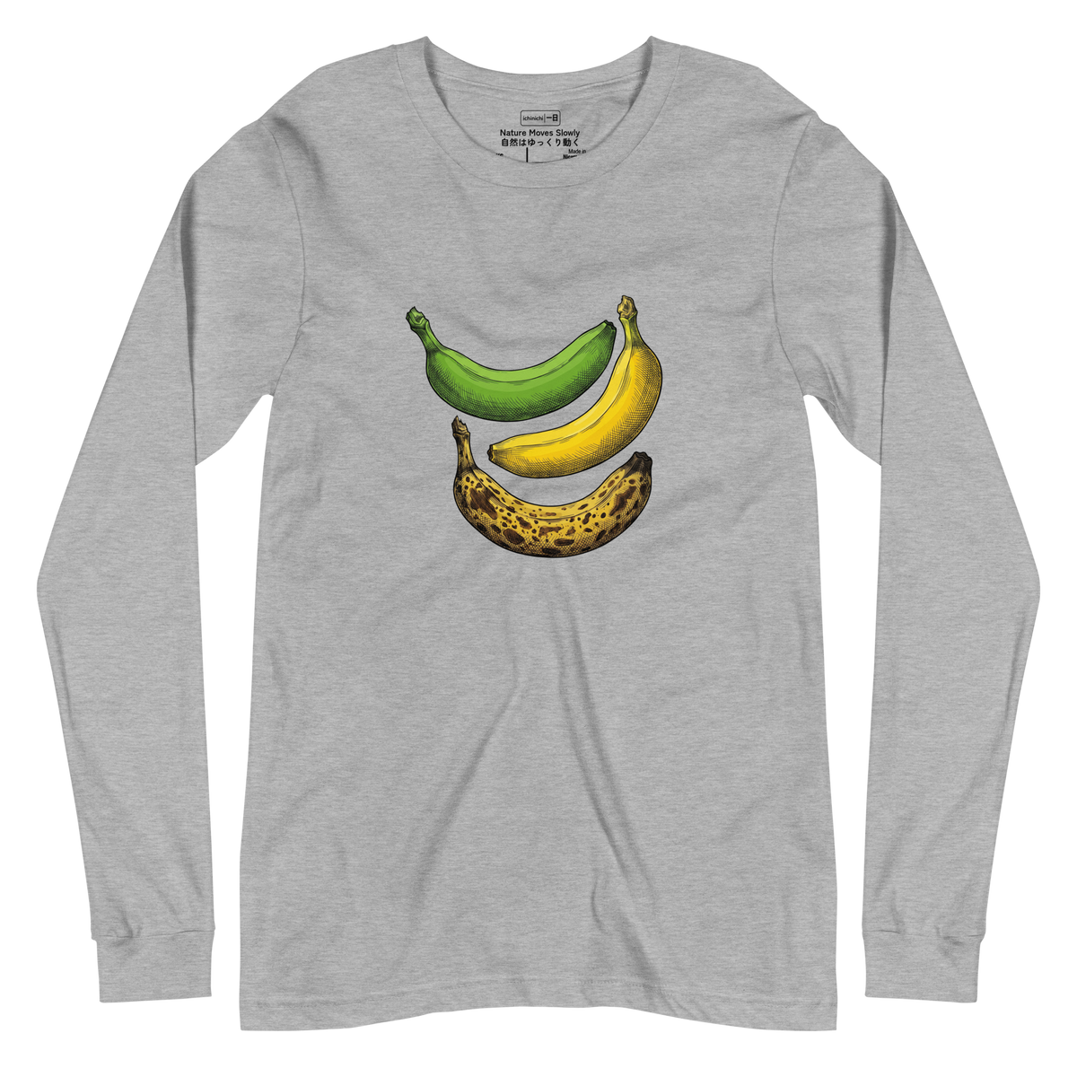 A triple banana maturation study in full color cross-hatch ink on a Long Sleeve T-Shirt.