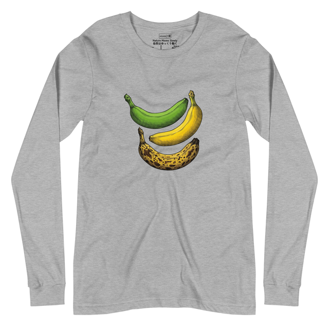 A triple banana maturation study in full color cross-hatch ink on a Long Sleeve T-Shirt.