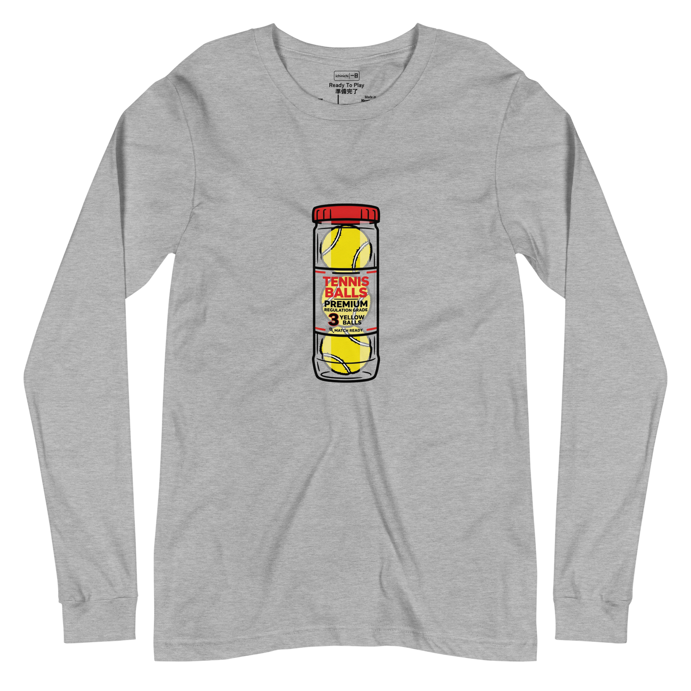 Long Sleeve T-Shirt with marker illustration of three yellow tennis balls in a clear can with a red cap