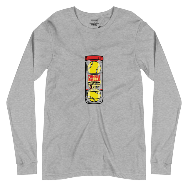 Long Sleeve T-Shirt with marker illustration of three yellow tennis balls in a clear can with a red cap