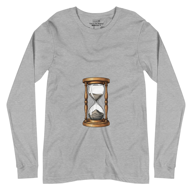 Cross-hatch ink illustration of an hourglass with wooden frame on a long sleeve t-shirt.