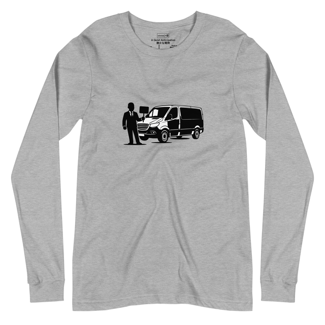 Solid black marker silhouette of an airport driver and van on a long sleeve t-shirt.