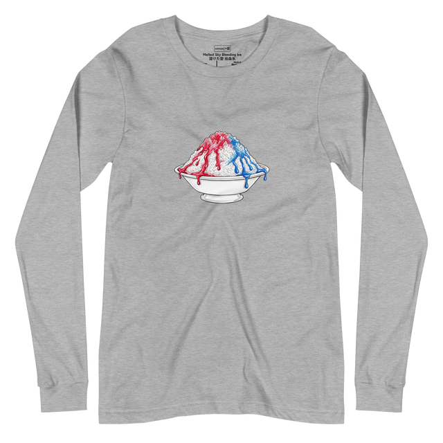 Delicate Kakigori shaved ice graphic in color pencils with dripping blue and red syrup on a white long sleeve t-shirt.