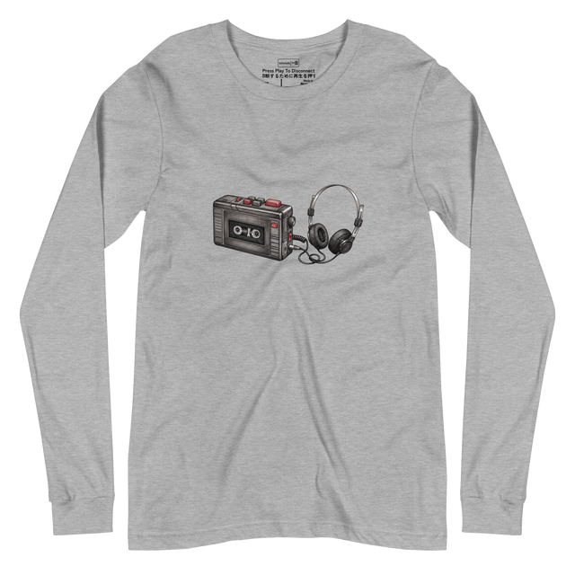 Long Sleeve T-Shirt featuring a cross-hatch illustration of a vintage cassette player and foam headphones.