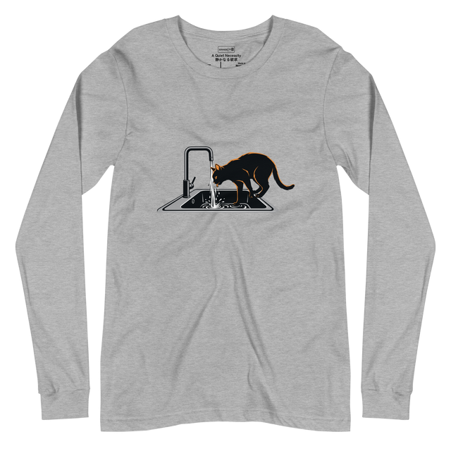 Graphic brush illustration of a cat silhouette drinking from a running sink with slight orange highlights on a Long Sleeve T-Shirt.