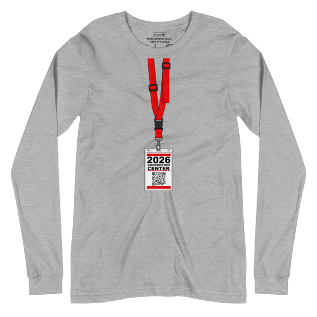 Marker illustration of a red lanyard and hanging convention badge, printed on a Long Sleeve T-Shirt.