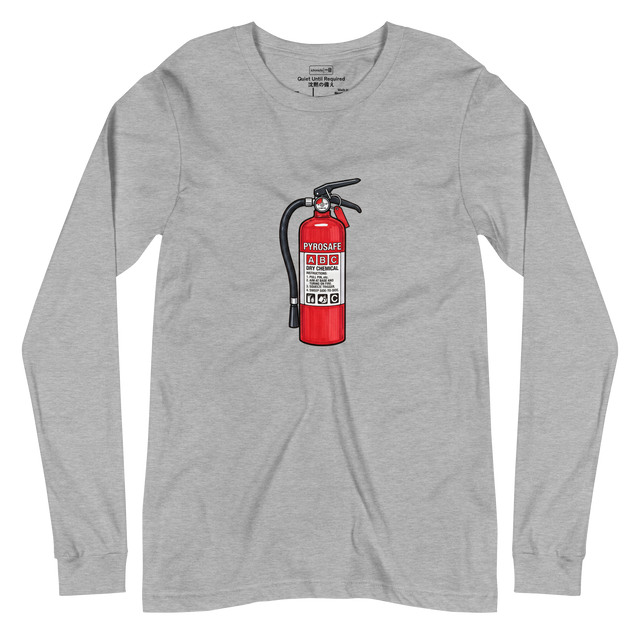 A bright red fire extinguisher drawn with bold black marker lines, printed on a long sleeve T-shirt.