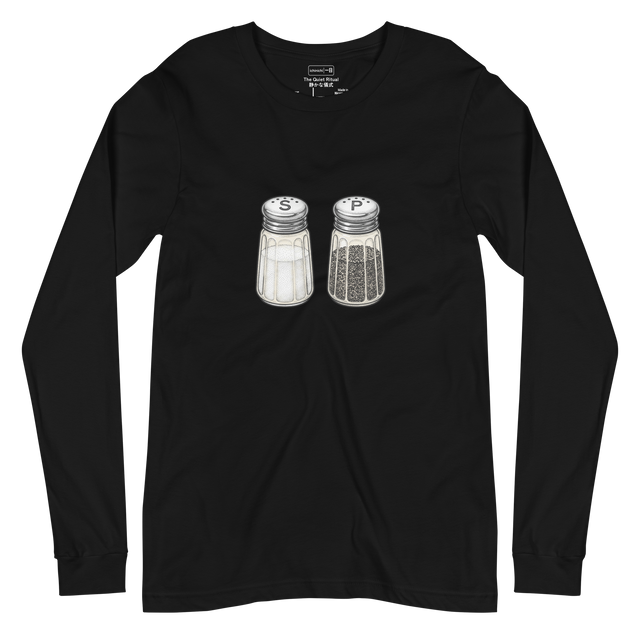 Stippled illustration of colorful diner salt and pepper shakers printed on the front of a minimalist Long Sleeve T-Shirt