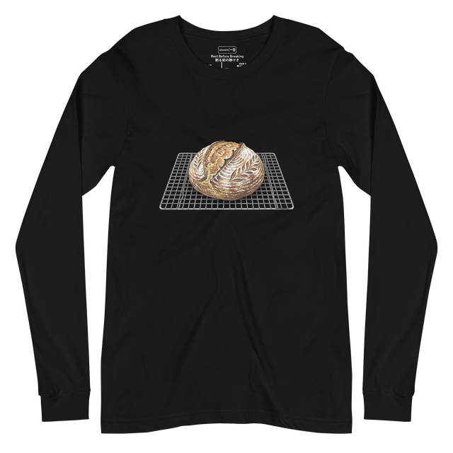 Long Sleeve T-Shirt showing a detailed colored pencil drawing of sourdough bread on a rack.