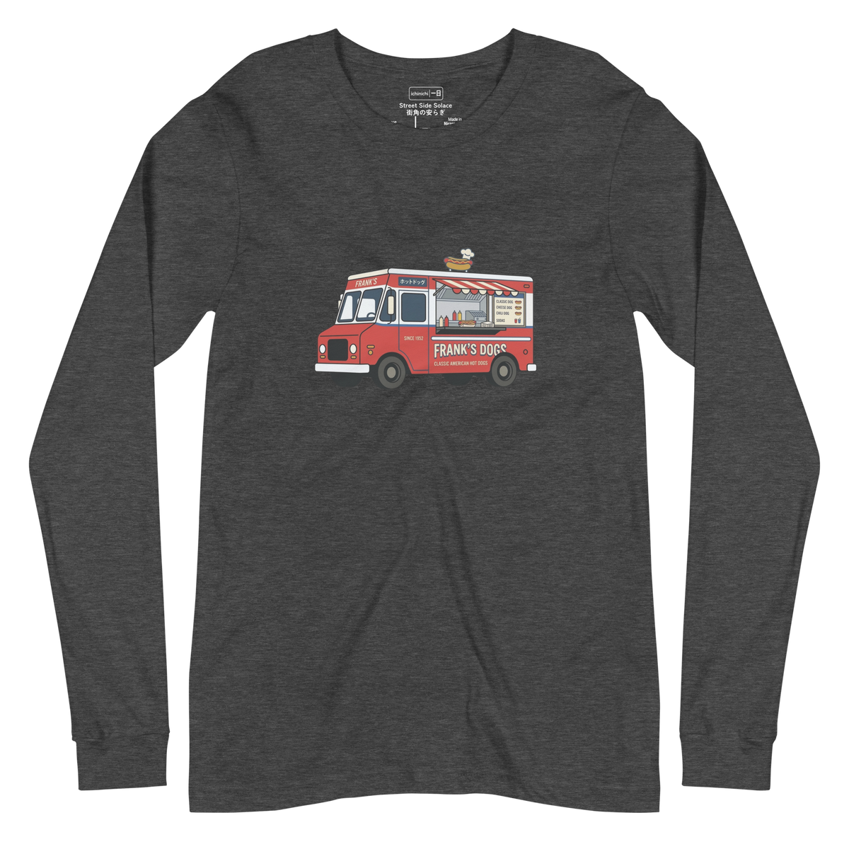Minimalist illustration of a classic hot dog food truck with clean lines on a Long Sleeve T-Shirt.
