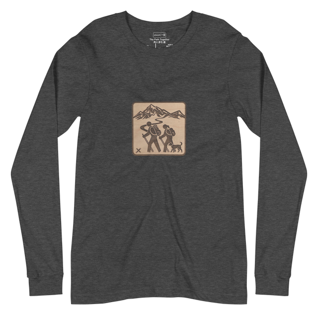Minimalist line art illustration of two hikers with backpacks and their dog trekking through a mountain range on a Long Sleeve T-Shirt.