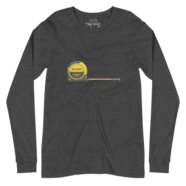 Minimalist yellow tape measure graphic in cross-hatch ink style on a Long Sleeve T-Shirt.