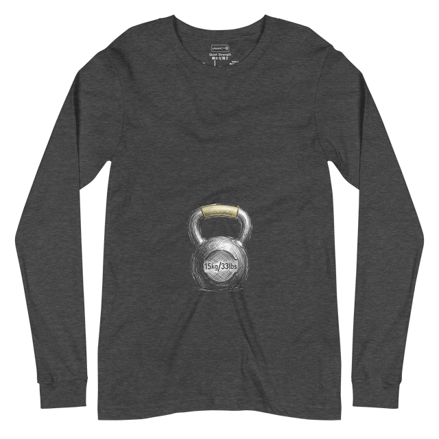 Hand-drawn kettlebell with yellow grip and carved numbers on a Long Sleeve T-Shirt.