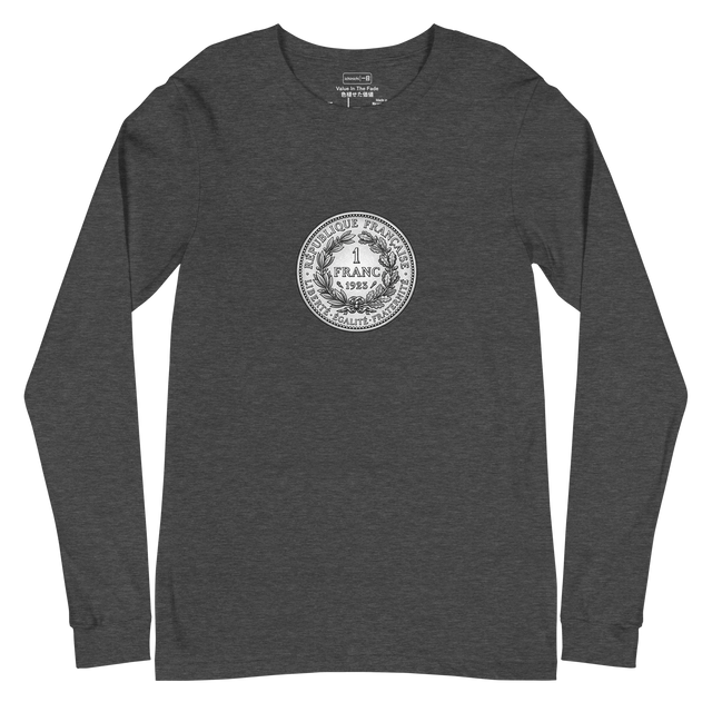 Detailed cross-hatch ink illustration of a vintage French Franc coin reverse side on a Long Sleeve T-Shirt.