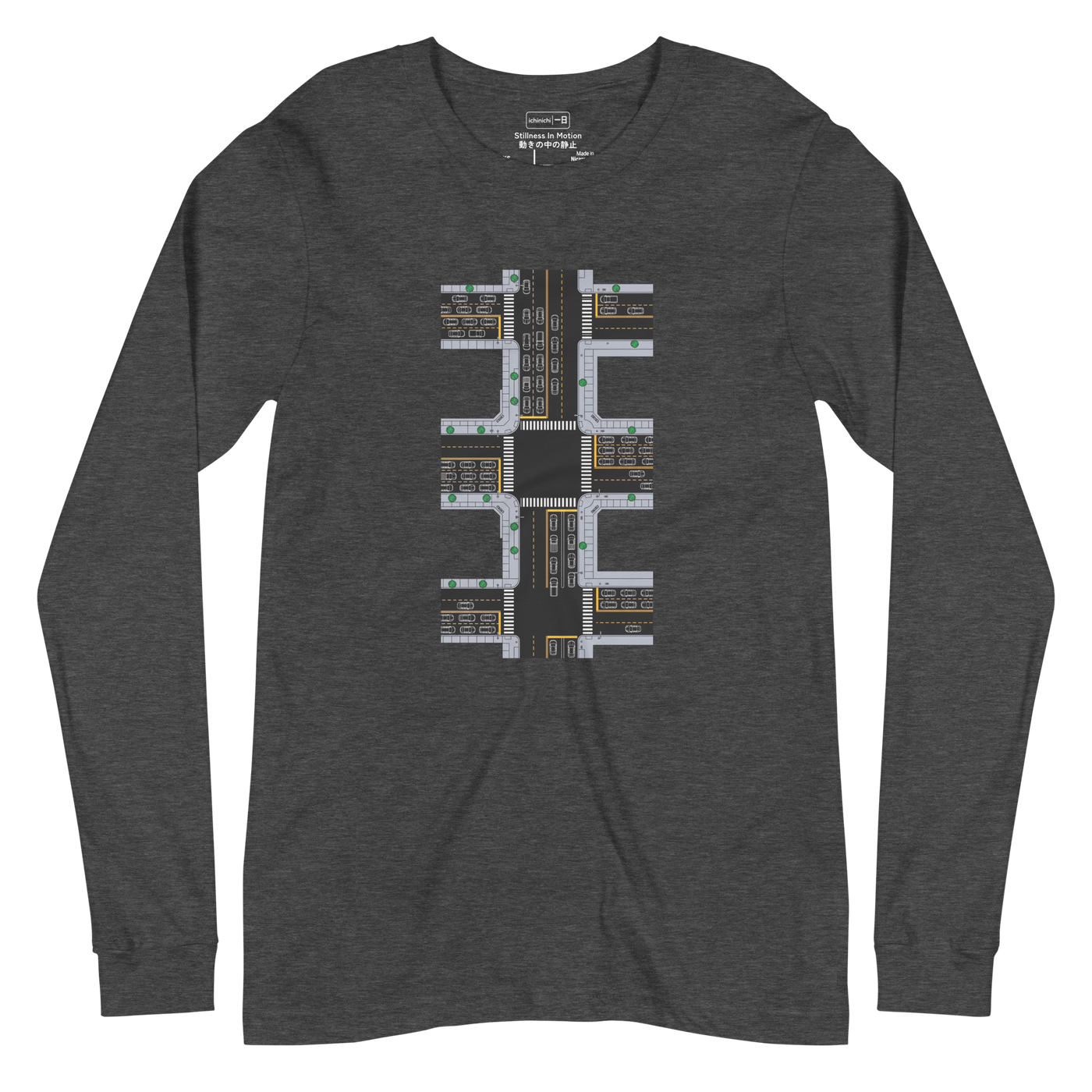 Minimalist overhead traffic graphic with yellow accents on a Long Sleeve T-Shirt.
