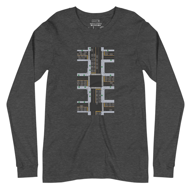 Minimalist overhead traffic graphic with yellow accents on a Long Sleeve T-Shirt.