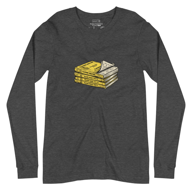 Detailed ink drawing of stacked telephone directories on a Long Sleeve T-Shirt.