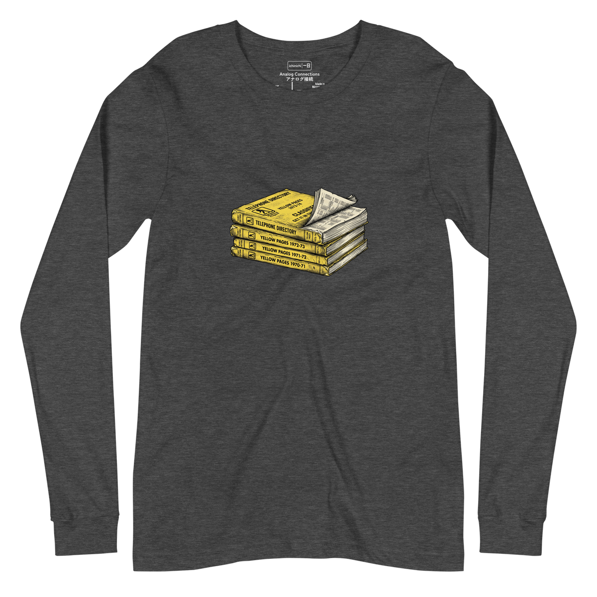 Detailed ink drawing of stacked telephone directories on a Long Sleeve T-Shirt.