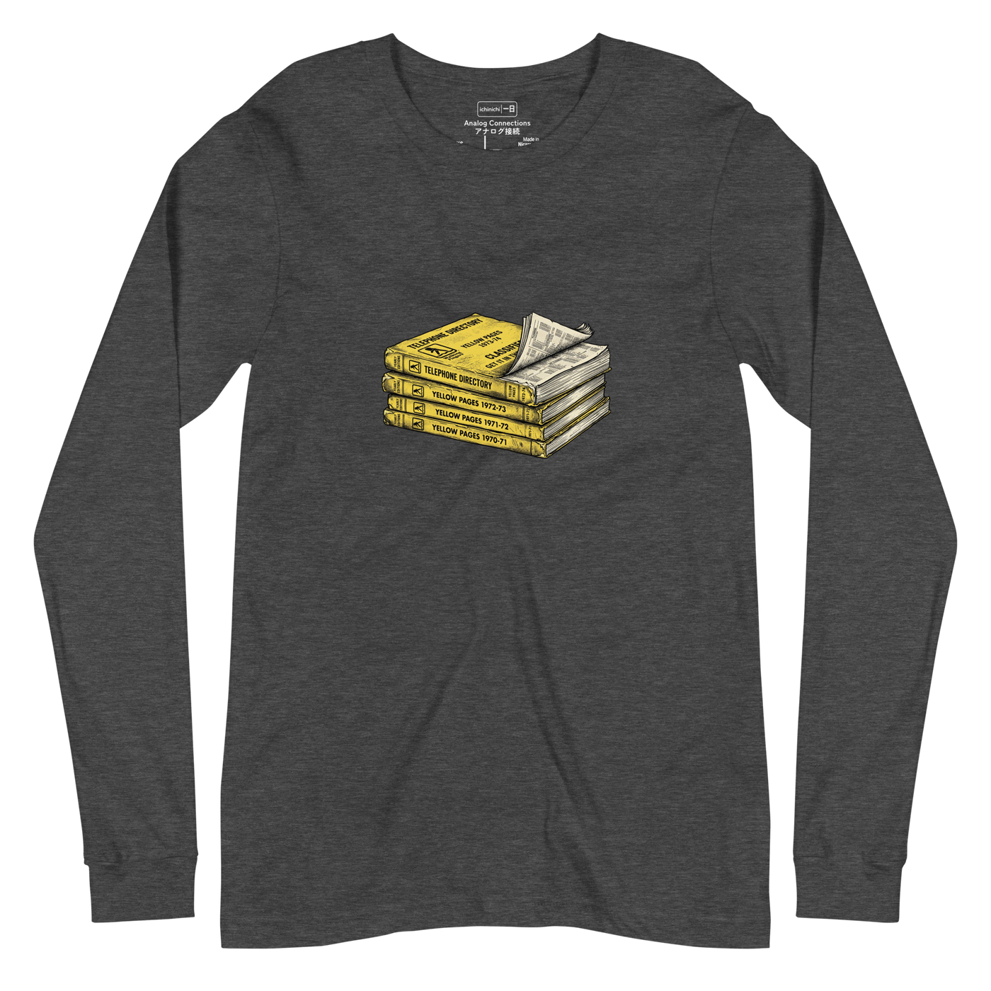 Detailed ink drawing of stacked telephone directories on a Long Sleeve T-Shirt.
