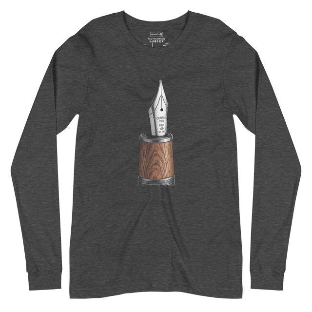 Detailed stippling illustration of a fountain pen nib and wooden barrel on a Long Sleeve T-Shirt.