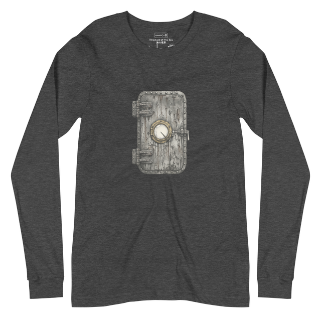 Detailed stippling illustration of a rusted ship port door with a round window on a Unisex Long Sleeve T-Shirt.