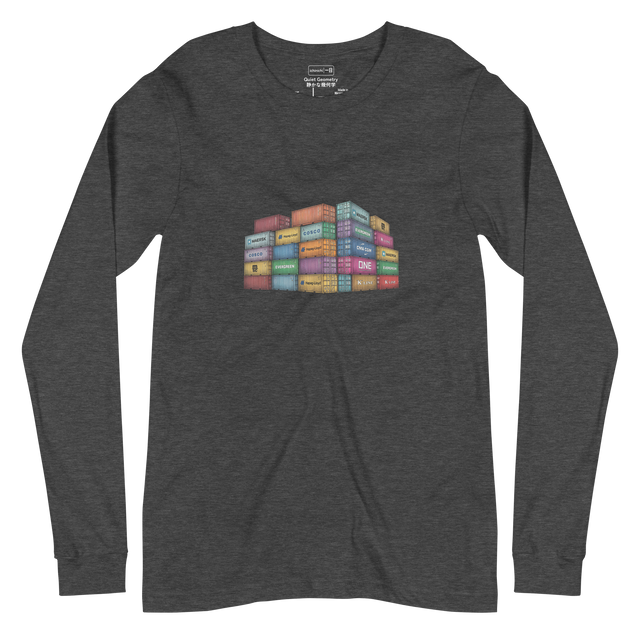 Cross-hatch colored pencil graphic of stacked shipping containers on a long sleeve t-shirt.