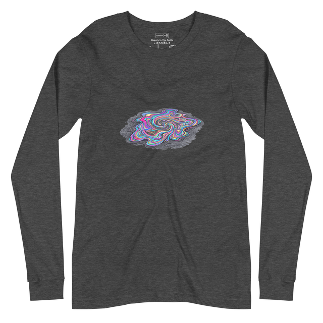 A Long Sleeve T-Shirt featuring a graphic of a swirling, iridescent oil slick on dark asphalt painted with clean lines.