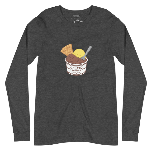 A cup of chocolate and lemon gelato with a waffle cookie and spoon rendered in clean paint brush lines on a Long Sleeve T-Shirt.