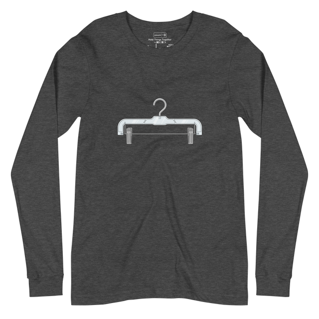 A minimalist simple line drawing of a plastic pants hanger with metal clips on a Long Sleeve T-Shirt.